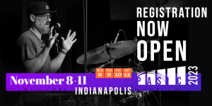Registration now open graphic for Percussive Arts Society International Convention or PASIC with photo of past PASIC clinic and dates November 8-11, 2023
