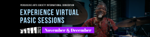 Text over image of man at drumset that says Experience Virtual PASIC Sessions, November & December